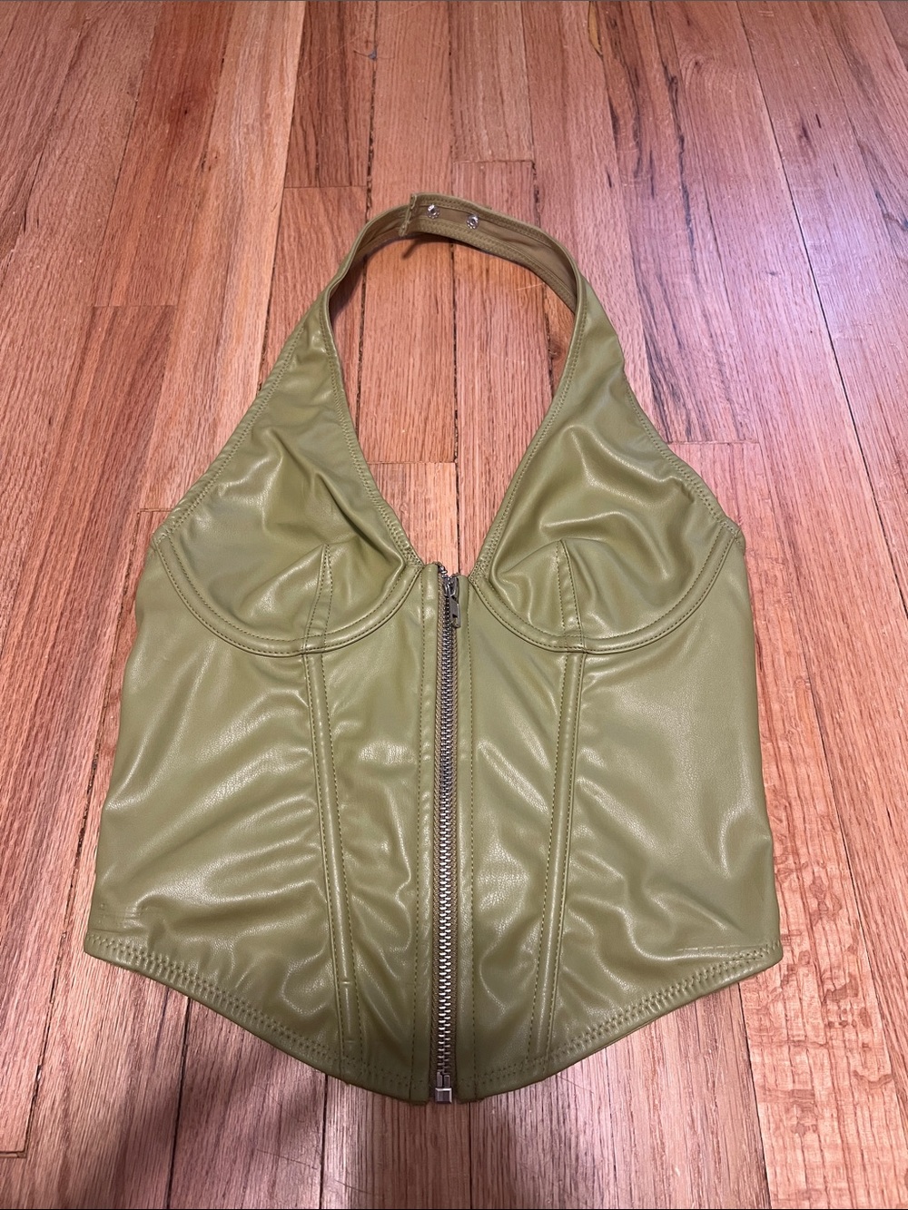 Urban Outfitters Olive Green Faux Leather Halter Bustier Top